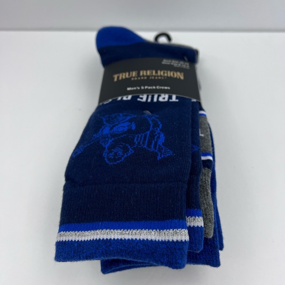 TRUE RELIGION, MENS 5 PACK CREWS SOCKS 2 HREY, 2NAVY 1 BLUE, SHOE SIZE 8-12.5 - Picture 14 of 16